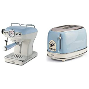 Ariete 1389 Expresso Vintage Céleste Bleu & Ariete Vintage 155 Grille-Pain 2 Tranches, 810 Watts, 6 Niveaux de Grillage, en Acier Inoxydable Peint en Couleur Bleu Ciel Pastel, Sans Pince