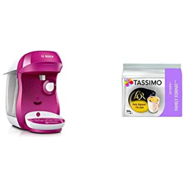 Bosch TAS1001 Tassimo Happy Kapselmaschine,1300 W, platzsparend, große Getränkevielfalt, TasWild purple Tassimo Vielfaltspaket - 5 verschiedene Packungen kaffeehaltiger Getränke T Discs (1 x 927 g