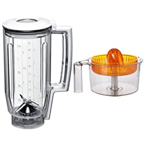 Bosch MUZ5MX1 Mélangeur plastique Blanc/transparent & MUZ5ZP1 Presse-agrumes transparent avec cône orange Compatible avec robots culinaires Bosch série MUM5