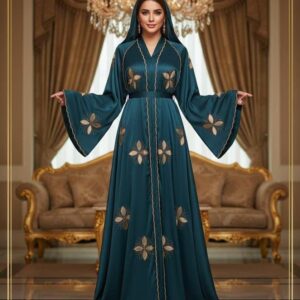Abaya “Impériale Teal” – Broderies Or XLL